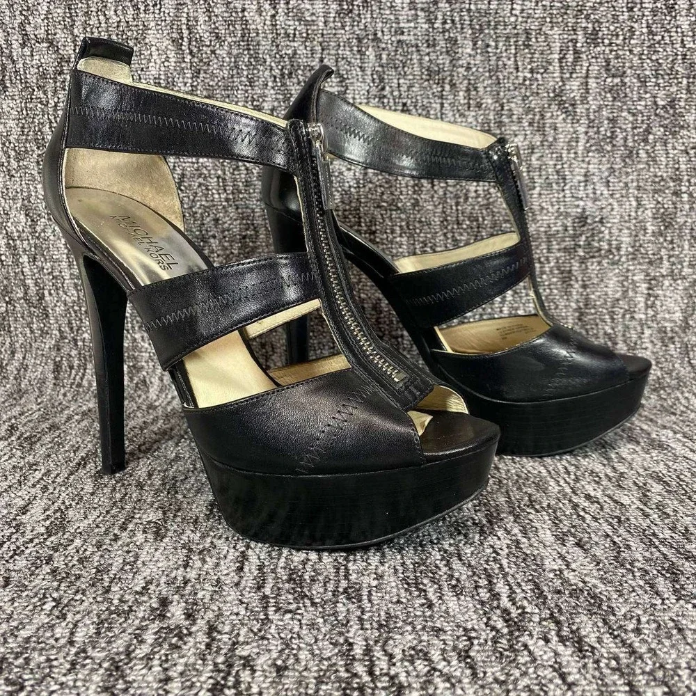 Michael Kors Berkley Platform Stiletto Sandals Women 8M Black Leather‎ Front Zip